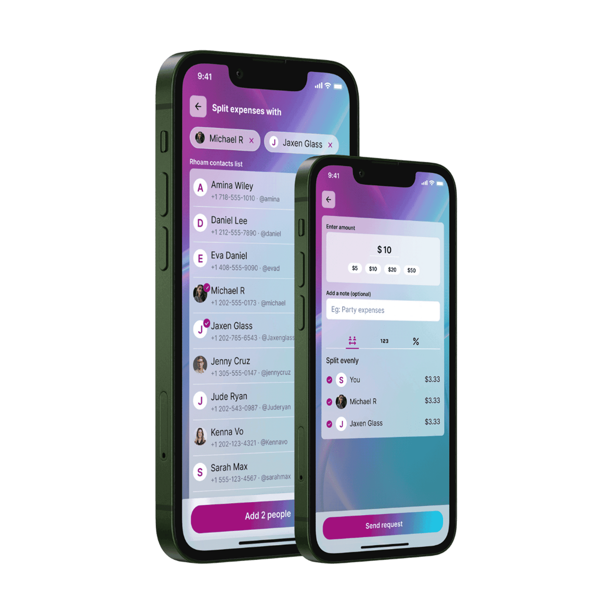 Two phones showing bill splitting feature